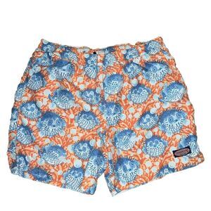 Vineyard Vines Swim Trunks Men’s Large L Puffer Fish Coral Blue 7” Inseam